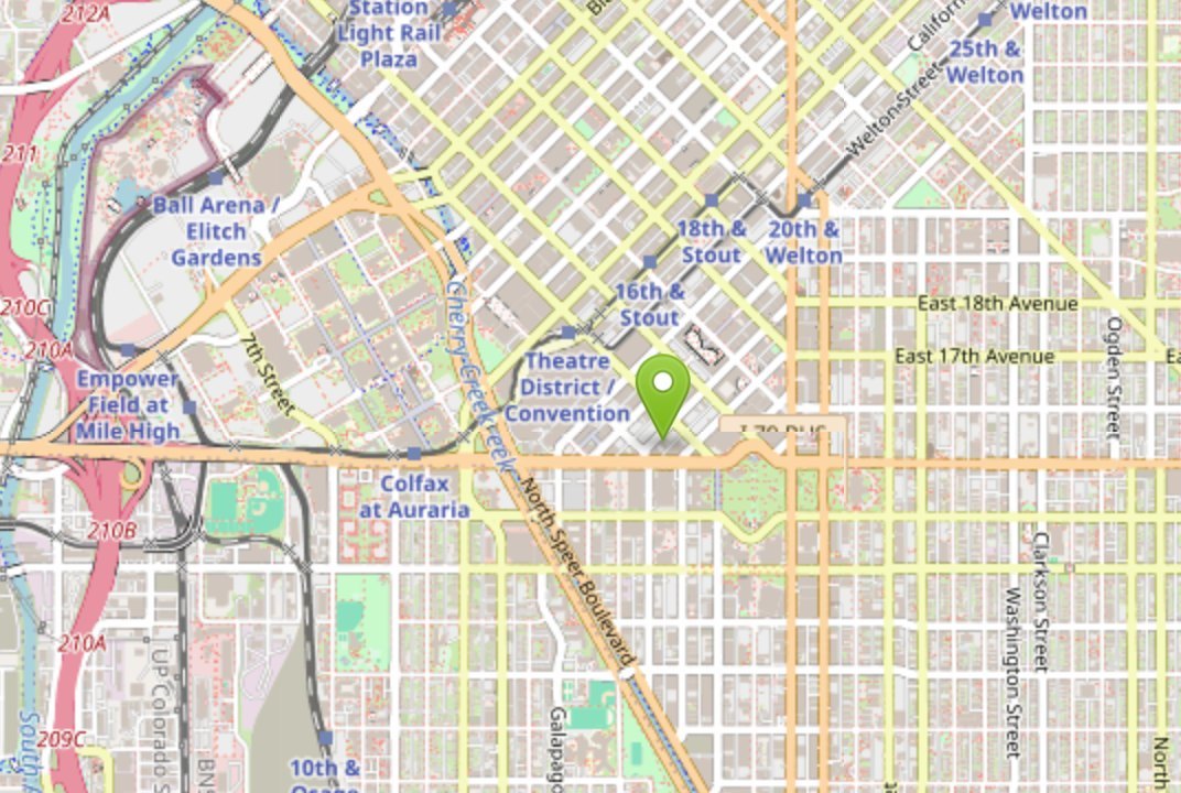 Map of downtown Denver with a marker on the Denver Firefighters Museum at 1326 Tremont Place.