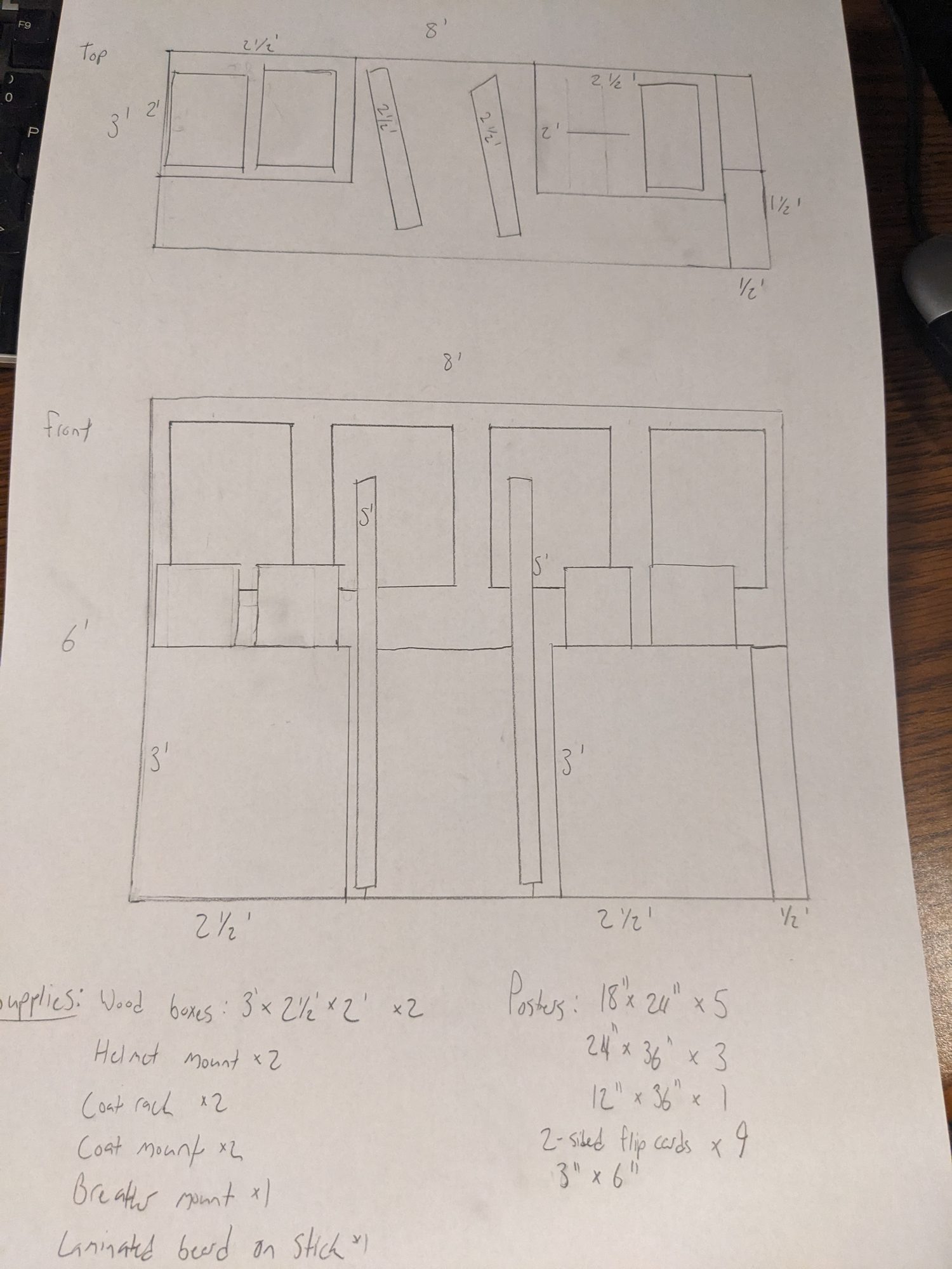 Measured build drawing of the exhibit on paper: a top-down plan and a front elevation of an eight-foot-wide, six-foot-tall wall of framed posters above four object cases, dimensions marked throughout—cases three by two-and-a-half by two feet—with a materials list reading wood boxes times two, helmet mounts times two, coat racks times two, coat mounts times two, breather mount, laminated beard on a stick, and posters in eighteen-by-twenty-four, twenty-four-by-thirty-six, and twelve-by-thirty-six inch sizes plus nine two-sided flip cards.