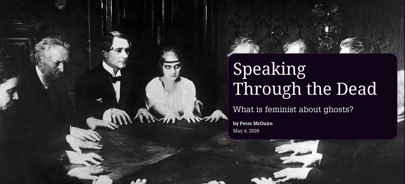 Title card over a 1920s séance photograph: eight people sit around a table in a darkened room, hands touching at its center, as a medium in white looks upward mid-trance.