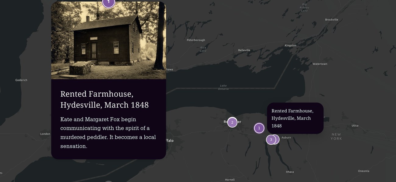 Interactive pin map of Upstate New York and the Northeast, showing a numbered five-stop route. Pin one, expanded, reads: Rented Farmhouse, Hydesville, March 1848—Kate and Margaret Fox begin communicating with the spirit of a murdered peddler. It becomes a local sensation. A progress indicator reads 01 of 05.